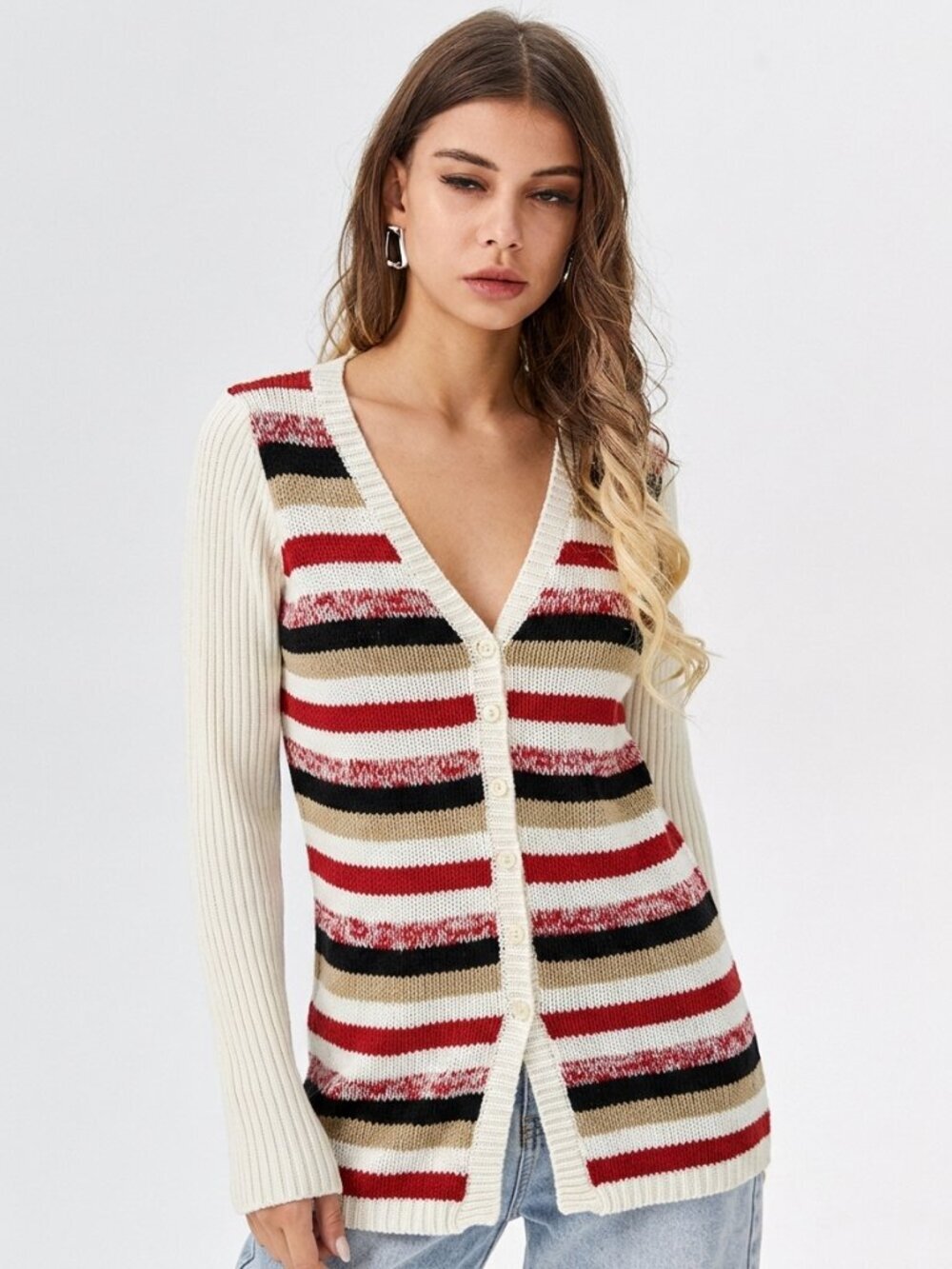 Mixit Ivory Ribbed Back Grandma Vintage Black Red Tan Striped Cardigan